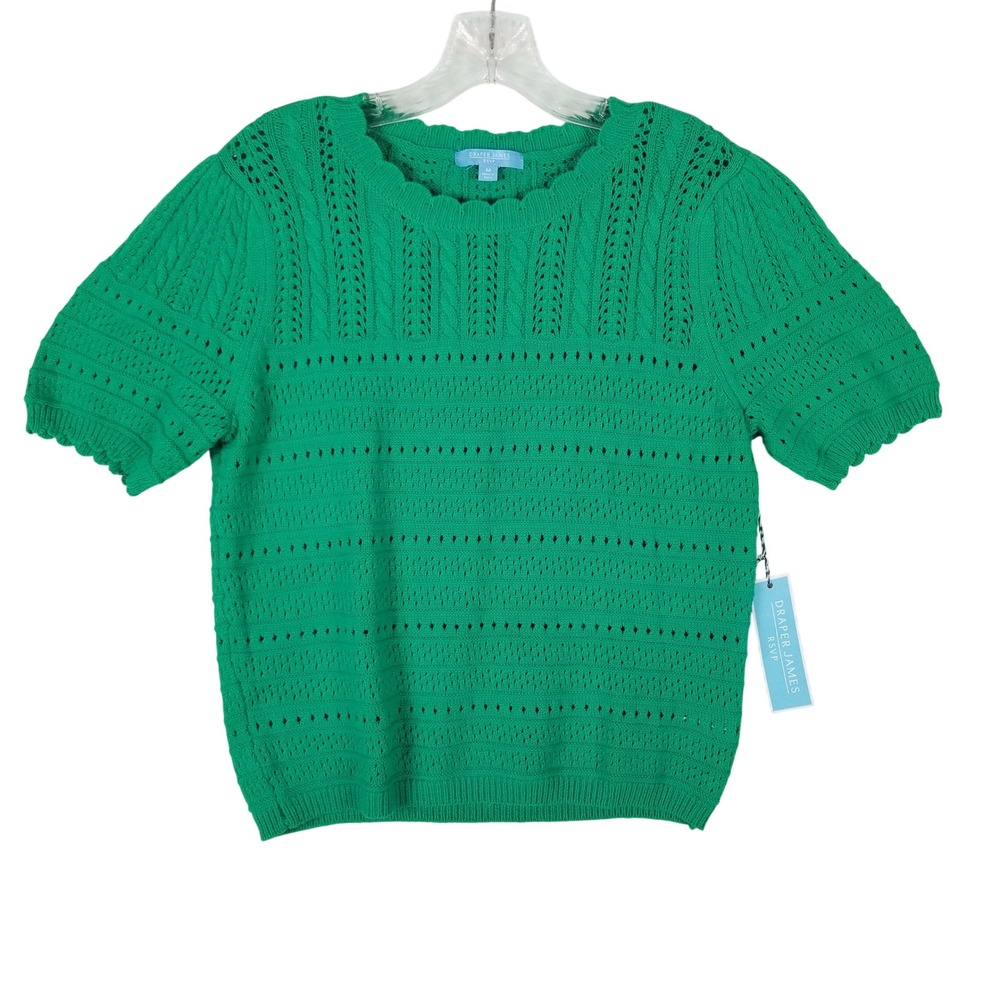 Draper James RSVP Short Sleeve Sweater Womens M Green Pointelle KD3178SWR